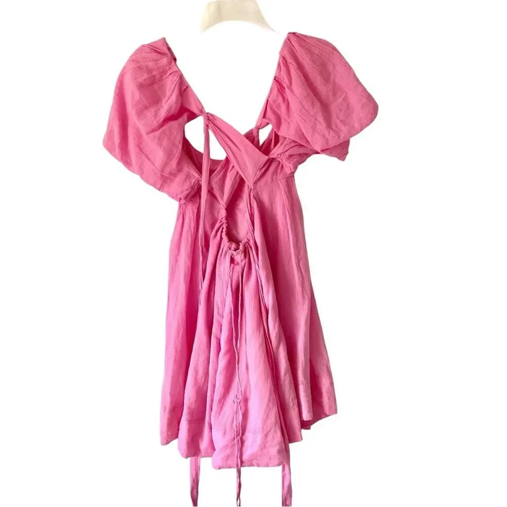 Free People Marina Pink Puff Sleeve Mini Dress size Large